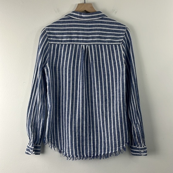 Beach Lunch Lounge Fringe Striped Linen Blend Long Sleeve Top Womens Size S - Picture 2 of 8